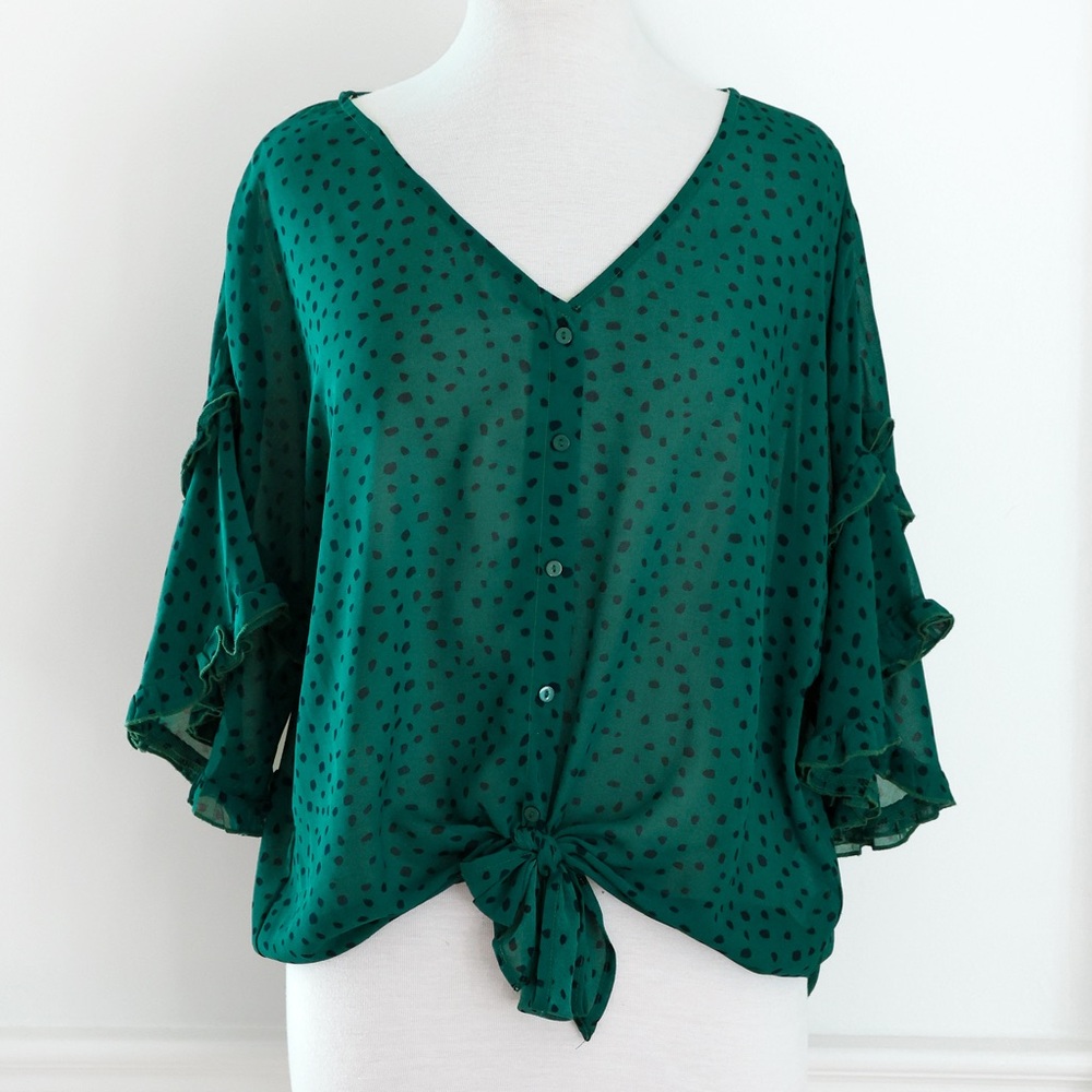 Umgee Green Spotted Sheer Button Down Top Tie Front Ruffle Sleeve Size Medium
